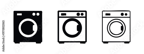 Washing machine icon set. Front-loading laundry washer appliance in solid and outline style.