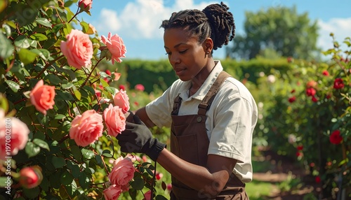 Young African American Woman Tending to Beautiful Pink Roses in a Lush Garden.