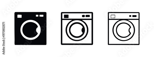Washing machine icon set. Modern front-loading washer appliance in solid and outline style.