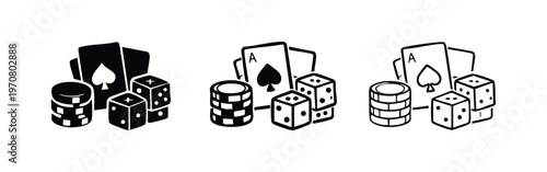 Gambling casino icon set. Stacked poker chips, playing cards, and dice in solid and outline style.