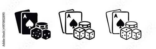 Gambling casino icon set. Playing cards, poker chips, and dice in solid and outline style.