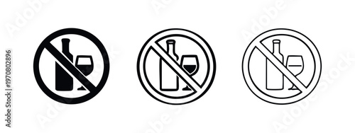 No alcohol sign icon set. Prohibited alcoholic drinks symbol in solid and outline style.