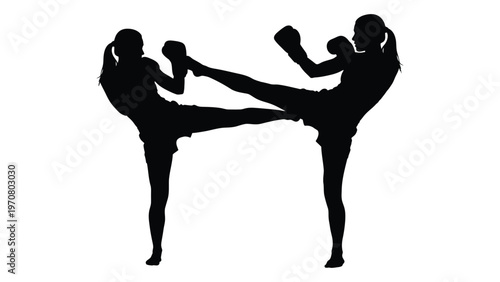 Silhouette of two women engaged in a dynamic martial arts sparring match