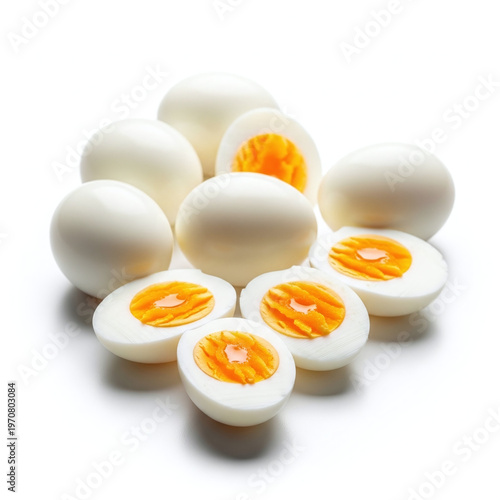 Hard Boiled Eggs, Whole and Halved isolated on white background