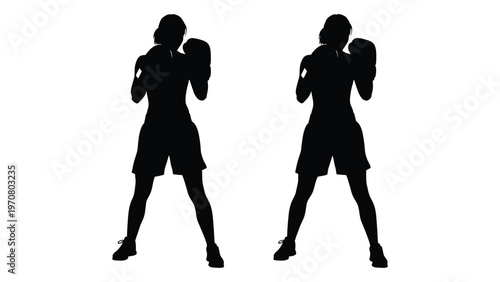 Silhouette of a female boxer in a fighting stance duplicated for emphasis