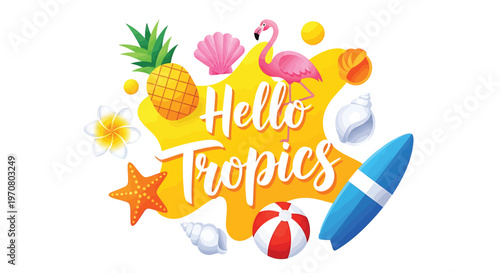 Tropical summer icons, Hello Tropics logo, colorful beach symbols, vector illustrations