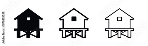 House on Stilts Vector Icon Set: Elevated Building Structure