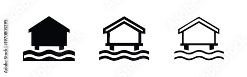 Stilt house on water icon set. Elevated home symbol for flood protection or coastal living.