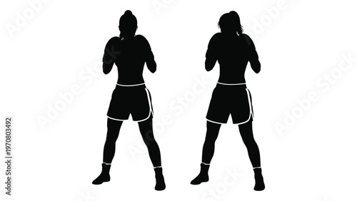 Two silhouettes of women in boxing stances against a white background