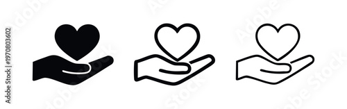 Hand holding heart icon set. Love, care, health, donation, compassion symbol.