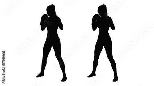 Silhouette of a female boxer in a fighting stance duplicated for emphasis