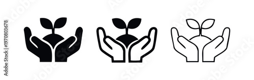 Hands holding plant seedling icon set. Growth, nature, environment, care symbol.