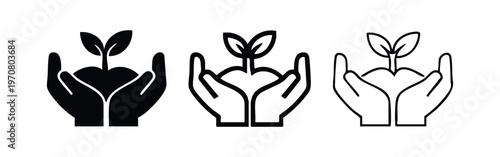 Hands holding plant seedling icon set. Growth, nature, environment, care symbol.