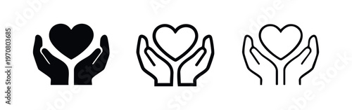 Two hands holding heart icon set. Love, care, health, compassion, community symbol.