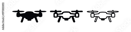 Quadcopter drone icon set. UAV technology symbols for flight and aerial vehicles.