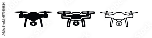 Drone with camera icon set. UAV technology symbols for aerial photography and videography.