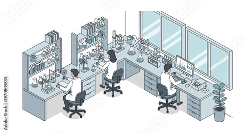 Modern scientific research laboratory interior with professional scientists in white coats conducting various chemistry and biology experiments.