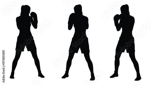 Silhouettes of three female boxers in dynamic fighting stances against a white background