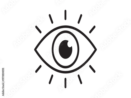 Stylized black and white line drawing of an eye with emanating rays