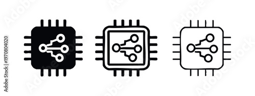 Processor with branching connection icon set. Data flow, sharing, and distributed computing symbol.