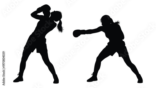 Silhouette of two female boxers in dynamic fighting poses against a white background