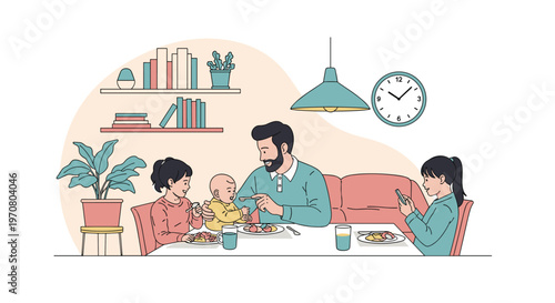 Young bearded father feeding his infant child at a family dining table while his two daughters eat their dinner in a cozy domestic setting.