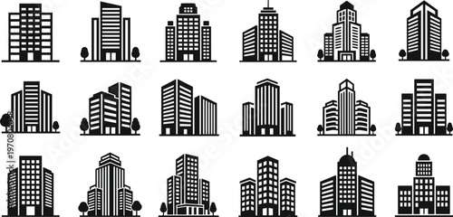 Modern Office Building And Skyscraper Icon Set Collection Isolated On White Background For Business Real Estate City Architecture Infographic Design