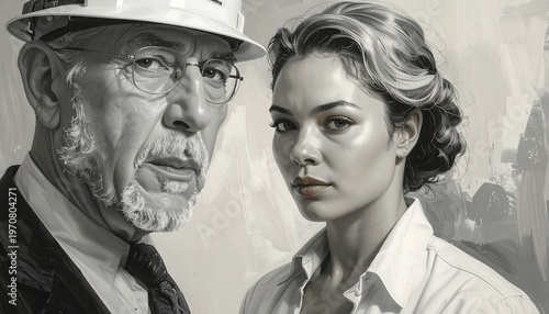 A grayscale illustration of a senior man and a young woman