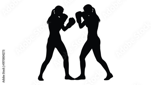 Silhouette of two female boxers engaged in a competitive fight facing each other