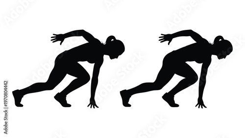 Two silhouettes of athletes in starting positions poised for a race or sprint
