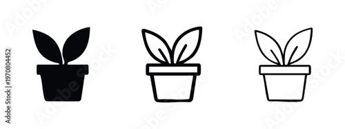 Potted Houseplant Icon Set. Small Plant Pot Vector in Different Styles.