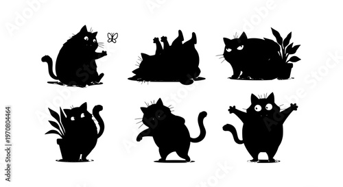 Funny fat black cat cartoon vector set cute chubby kitty characters in playful poses for stickers and wall art