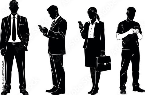 Bild auf Leinwand Professional Business People Silhouettes Set Holding Smartphones and Briefcase,
