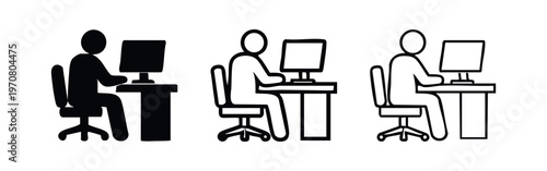 Person Working at Computer Desk Icons Set. Office Worker with Desktop PC.