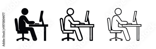 Office Worker at Computer Desk Icon Set. Person Using Desktop PC.