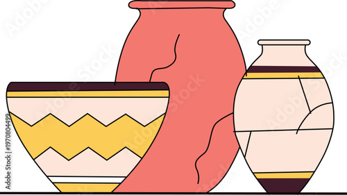 Colorful illustration of ceramic vase and decorated bowl on white background