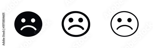 Sad face emoticon icon set in various styles, vector illustration isolated on white background.
