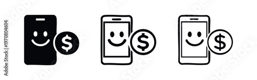 Mobile Phone with Dollar Sign and Happy Face Icon Set