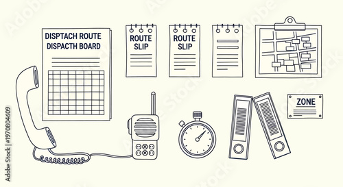 Sketch of communication devices and documents isolated on transparent background detailed line art illustration
