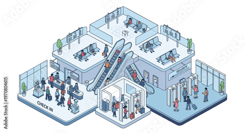 Busy airport terminal interior in isometric view with passengers, luggage, check-in counters, security checkpoints, and moving escalators.