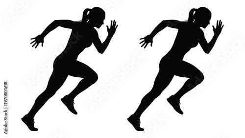 Silhouette of two women running depicted in a dynamic and energetic pose