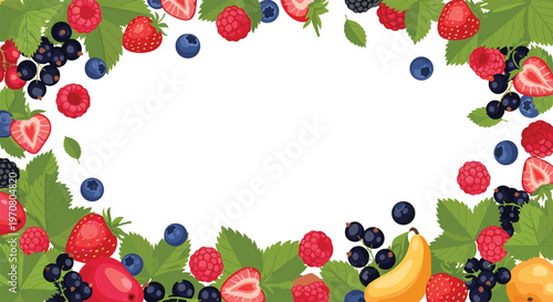 Vibrant decorative frame composed of various fresh berries and fruits like strawberries, raspberries, and blueberries on a white background.