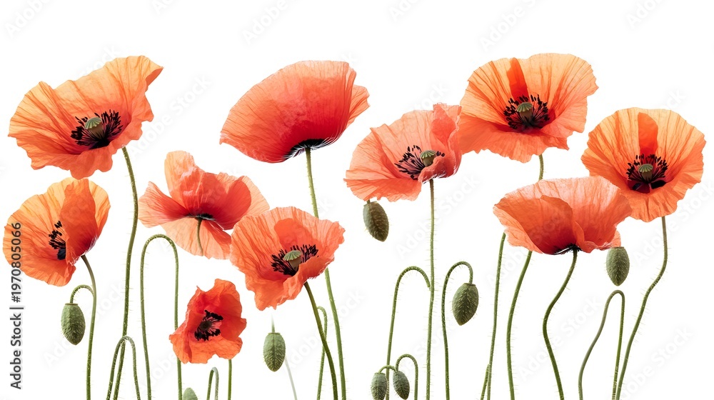 Obraz premium Collection of Orange Poppies with Buds on White Background