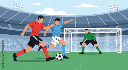 Intense action scene from a professional soccer match with players in red and blue jerseys competing for the ball near the goal inside a stadium.