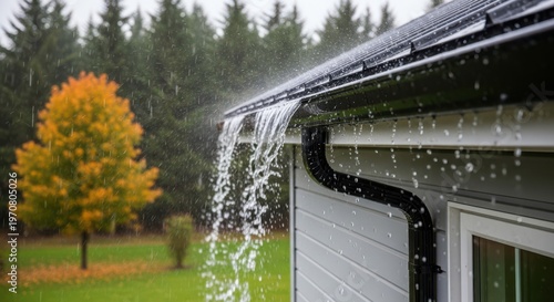 A house with water overflowing from its gutter during a rainstorm in autumn