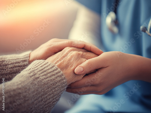 Patient support nurse holding hand of patient empathy and trust warm tones human connection healthcare care concept