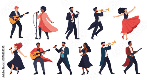 Large collection of diverse musical performers including male and female singers, guitarists, trumpeters, and elegant dancers in red.