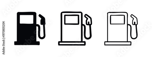 Gas pump icons set. Fuel station dispenser vector symbols in solid, outlined, and thin line styles.
