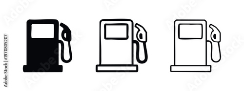 Gas pump icons set. Fuel station dispenser vector symbols in solid, outlined, and thin line styles.