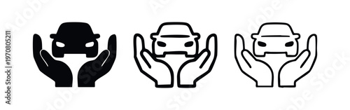 Hands holding a car icon set. Vehicle protection, auto insurance, and car care vector symbols in solid, outlined, and thin line styles.